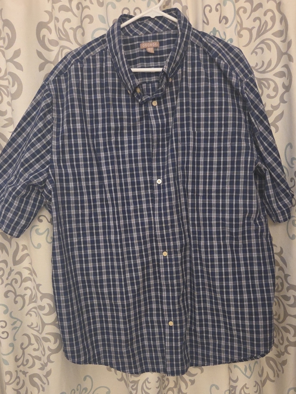 George Navy and White Plaid Short-Sleeve Button-Down Shirt